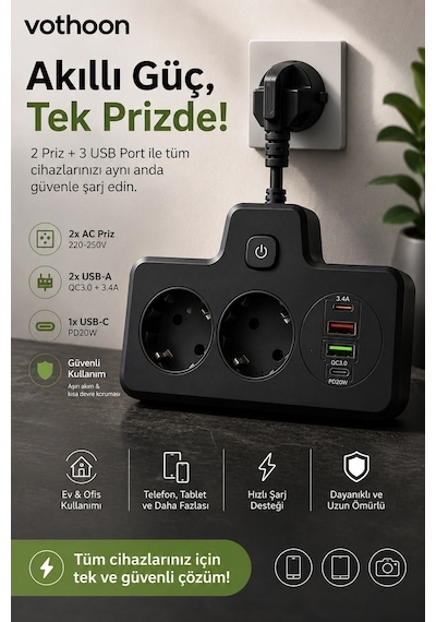 Bkl-502 Akım Korumalı 2li Priz 2 Usb Ve 2 Type-c Çıkış 4000w Hızlı Şarj Duvar Tipi Dokunmatik Led Ay 1