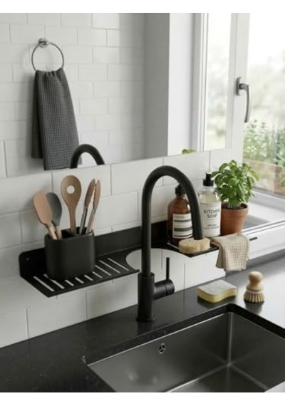 Orret Home Eviye Önü Organizer Rafı Metal Lavabo Üstü Raf Mutfak Evye Üstü Organizer Duvara Yapışkanlı Delmeden Montaj Lavabo Arkası Raf Süngerlik Sabunluk Mutfak Rafı Aahşap