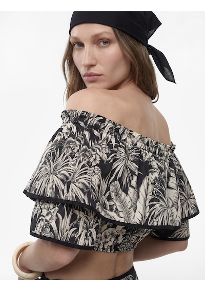 Koton Salda Kumaş Floral Desenli Fırfırlı Omuzu Açık Crop Bluz Siyah Desenli 6sak60174ew