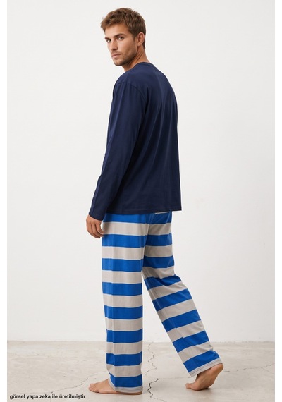 Siyah İnci Desenli Pamuklu Örme Pijama Takım 8093 Saks Çizgi