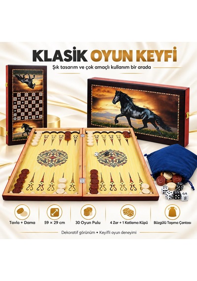 Büyük Boy Doğal Ahşap Tavla Ve Dama Seti Siyah At Desenli Katlanabilir Hediyelik & Dekoratif Set
