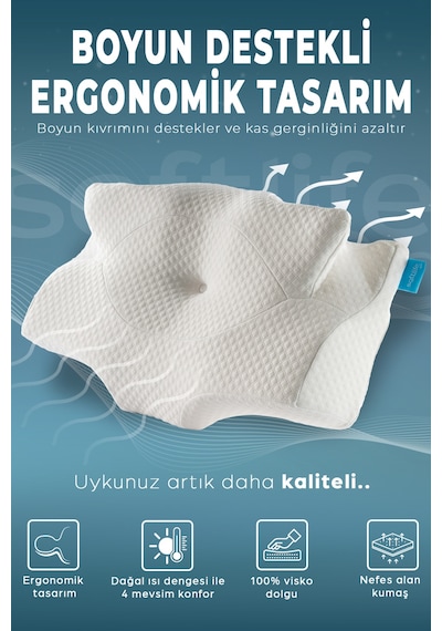 Nox Boyun Destekli Ortopedik Visco Yastık Beyaz- Rahat Uyku Ve Güzellik Yastığı 64x38x12,5 Cm