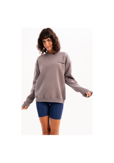 Justever Bisiklet Yaka Nakışlı Şardonlu İçi Polarlı Gri Kadın Sweatshirt - Rigil Gri
