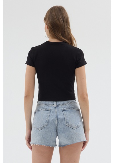 Urbantrendstore Kadın Bisiklet Yaka Likralı Kısa Kol Body Crop Bluz Günlük Şık Sade Yazlık Casual Crop Kadın Crop Siyah