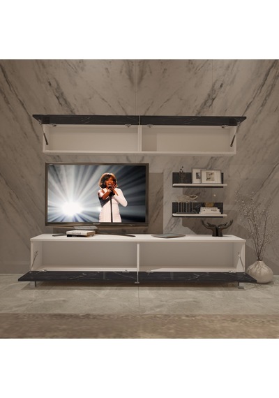 Decoraktiv Eko 5 Mdf Std Krom Ayaklı Tv Ünitesi Tv Sehpası Beyaz - Siyah Mermer