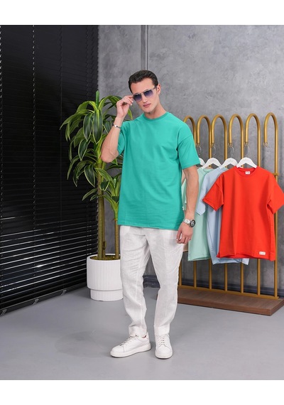 Modefendi Pamuk Likra Yırtmaç Detaylı 2 İplik Oversize Tshirt Yeşil