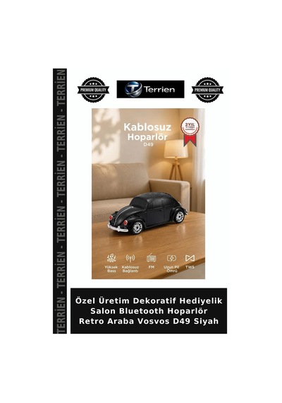 Özel Üretim Dekoratif Hediyelik Salon Bluetooth Hoparlör Retro Araba Vosvos D49 Siyah