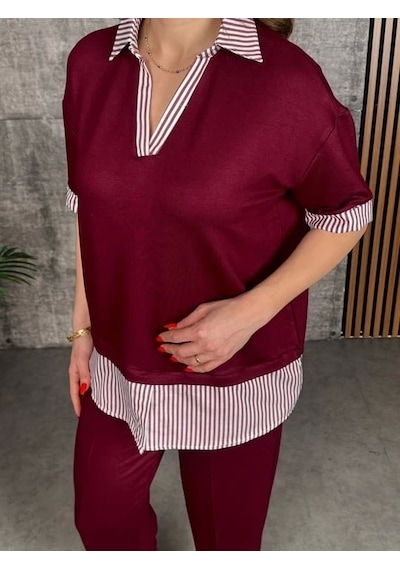 Defymoda Kadın Modal Kumaş Çizgili Gömlek Yaka Ikili Takım Kırmızı