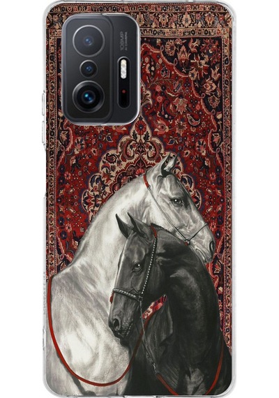 Xiaomi Mi 11t-11t Pro Uyumlu Geleneksel Halı Motifli Siyah Beyaz At Baskılı Silikon Kılıf Renkli