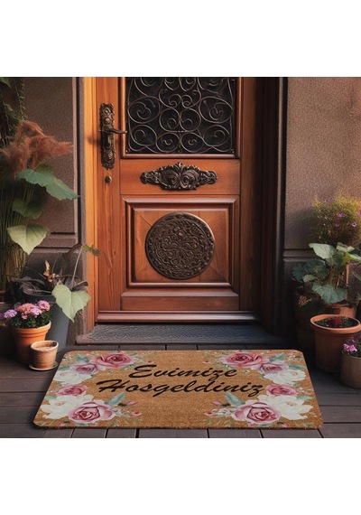 Valerine Life Kırmızı Beyaz Çelenk Gülleri Welcome Kapı Önü Paspası 45x70cm