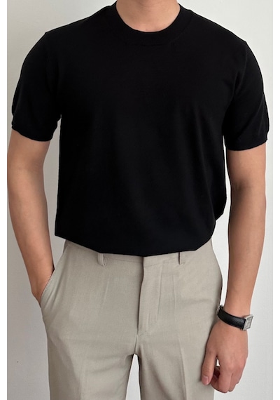 Cool Tarz Erkek Siyah Slim Fit Bisiklet Yaka Triko T-shirt Siyah Siyah