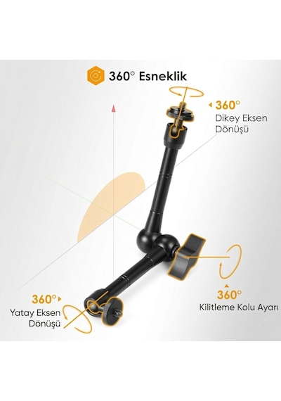 Profesyonel Magic Arm Dslr Kamera Tutucu Süper Kelepçeli Mengene Stand, 1/4 3/8 Dişli Flaş Pabuçlu Esnek Mafsallı Kol Tripod Masa Gidon Monitör Mikrofon Aksiyon Kamera Sabitleme, Mg01, Siyah