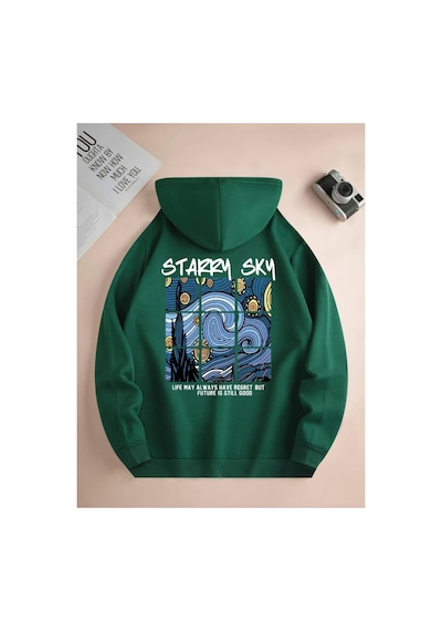 Medinenur Starry Sky Baskılı Kapüşonlu Sweatshirt Yeşil