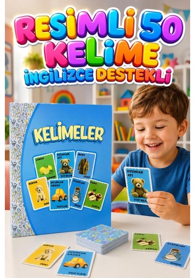 İngilizce - Türkçe Eğitim Kartları - 50 Kelime Kartı İle Çocuklar İçin Görsel Dil Gelişim Seti