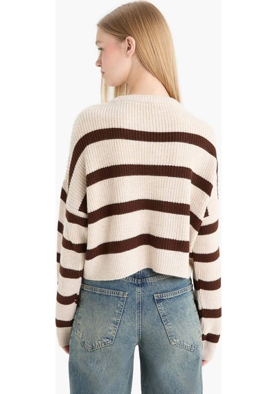 Defacto Coool Oversize Geniş Kalıp Bisiklet Yaka Çizgili Triko Kazak X4931az25wnbg644 Bej