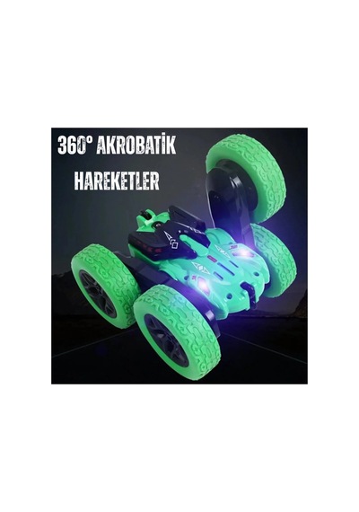 Oyuncak Uzaktan Kumandalı 4 Teker Akrobat Araba 360 Rotasyon Şarjlı Led Işıklı Yeşil