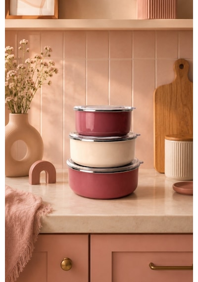 Bambum Lumino 3 Lü Emaye Saklama Kabı Pembe B7690 300+700+1000ml