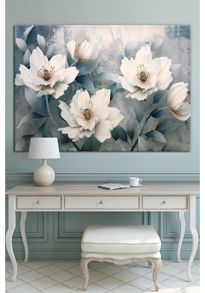 Beyaz Çiçekli Dekoratif Sanatsal Kanvas Tablo 120 x 80