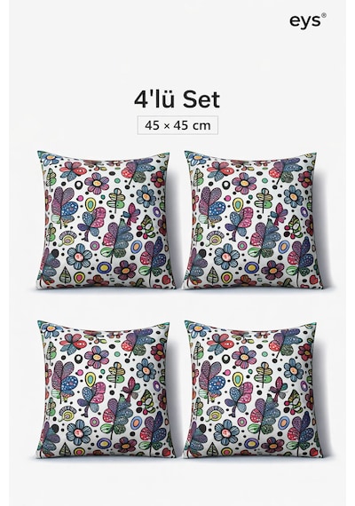 Dijital Baskılı Çift Taraflı Pamuklu Kırlent Kılıfı Gizli Fermuarlı, Astarlı 43 43 Cm 4'lü Set F