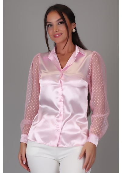 Sweetness Kadın Pembe Saten Tül Kollu Abiye Gömlek Pembe