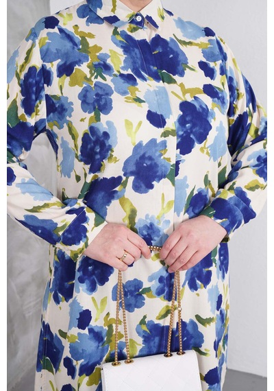 Polologin Butik Mavi Yeşil Desenli Tunik Pantolon Takım Mavi & Yeşil & Lacivert