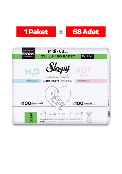 Sleepy Natural Double Soft Avantajlı Mega Paket Bebek Bezi 3 Numara Midi 68 Adet