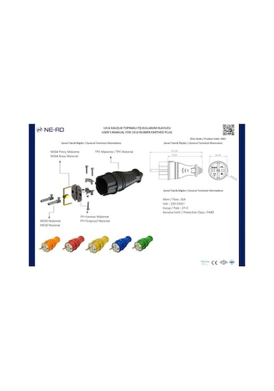 Nead Kauçuk Topraklı Erkek Fiş 4001 16a 220-230v 2p+topraklı Sanayi Tipi Dayanıklı Fiş Yerli Üretim