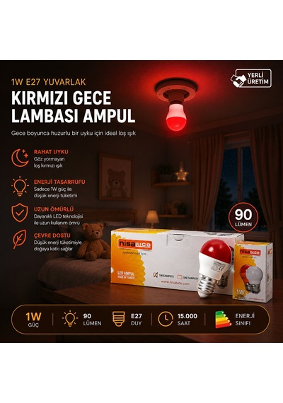 10 Adet 1w E27 Kırmızı Yuvarlak Gece Lambası Led Ampul Eamp-075 5705 Diğer