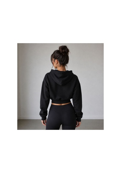 Herkesemoda Kadın Siyah Fermaurlı Kapüşonlon 2 İplik Şardonlu Crop Sweatshirt Siyah