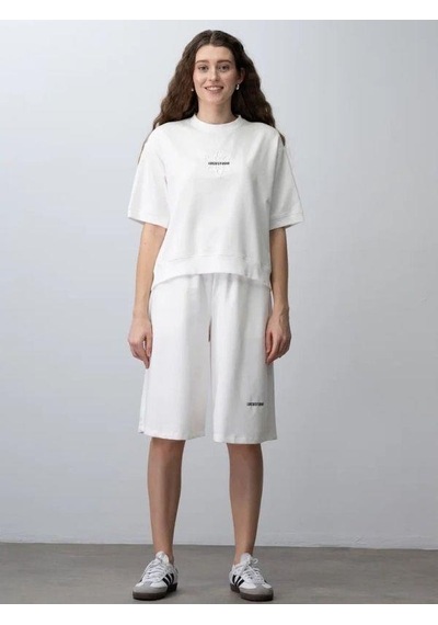 Zekids Kız Çocuk Pamuklu Tasarım Oversize T-shirt Şortlu Takım-15782 Ekru