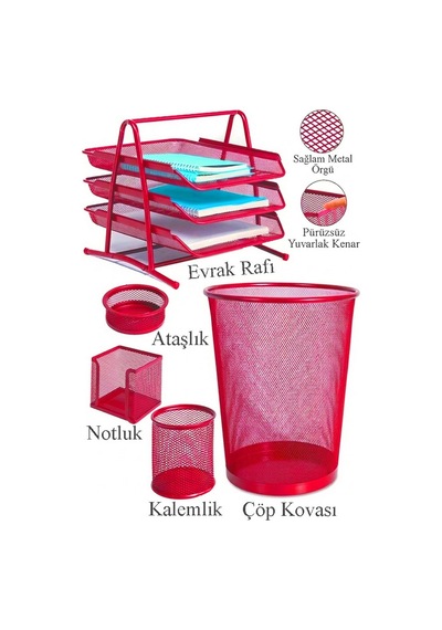 Kırmızı Metal Evrak Rafı 3 Lü Masaüstü Kalemlik 3 Lü Ve Fileli Çöp Kovası 1 Paket Masaüstü A4 Dosya Düzenleyici Not Kırmızı