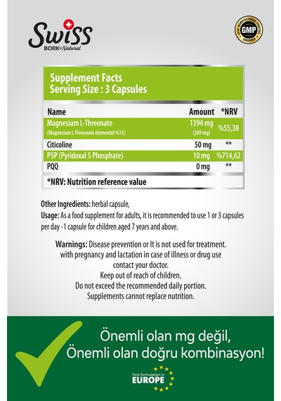 Swiss Bork Mag Focus 90 Kapsül Magnezyum L-treonato, Citicoline, Pqq, P5p Destekli Formül