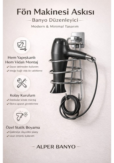 Alper Banyo Krom Kare Fön Makinesi Askısı Saç Kurutma Makinesi Tutacağı Yapışkanlı