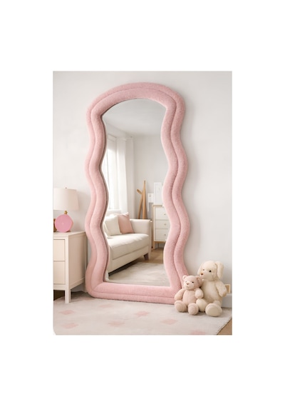 Melisa Serisi Ayaklı Kumaşlı Boy Aynası - Modern Dalgalı Tasarım Büyük Boy Ayna Pembe