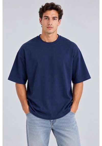 Parshey Unisex Oversize Tişört %100 Pamuk Premium Kalın Kumaş Rahat Kesim Lacivert