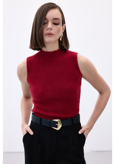 Sateen Sıfır Kol Sakallı Triko Bluz - Bordo-136514 Bordo