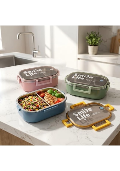 Lexroo Paslanmaz Çelik Yemek Kabı 980 Ml, Bölmeli İç Hazneli Kilitli Kapaklı Lunch Box Çok Renkli