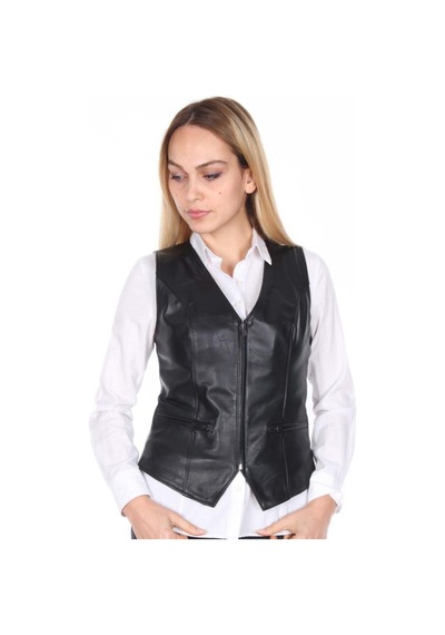 Deriwork Hakiki Deri Siyah Casual Fermuarlı Kadın Deri Yelek Siyah