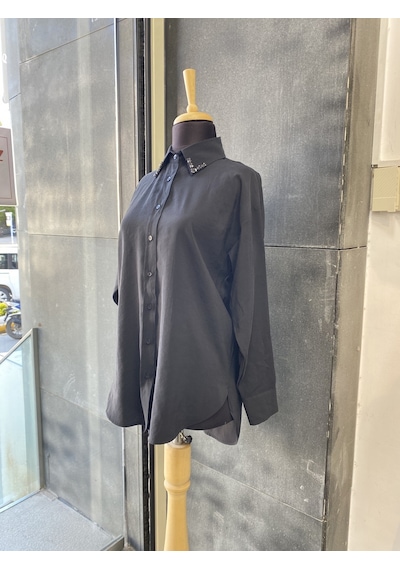 Pera Moda Yakası Taşlı Modal Kumaş Oversize Kadın Gömleği Siyah