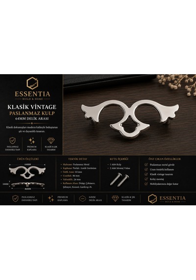Paslanmaz Vintage Klasik Mobilya Kulpu 64 Mm Delik Arası Premium Dolap Kulbu Çoklu Renk