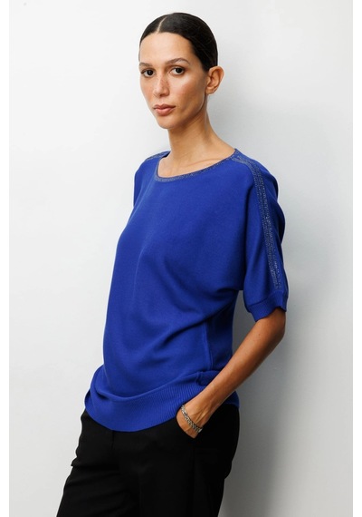 On Fashion Kadın Yakası Ve Kolları Taşlı Saks Mavisi Yarım Kol Kazak 65421 Saks Mavi