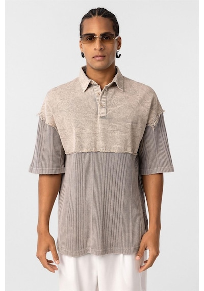 Vamos Yıkamalı Triko Oversize Polo Yaka Tişört V70-53 Taş