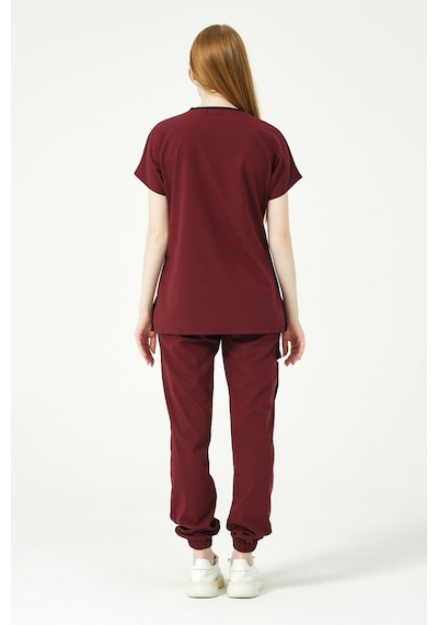 Bordo Likralı Scrubs Kargo Cep Jogger Paça Doktor Hemşire Forması Yarasa Kol Takım Unisex