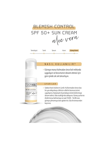 Skin401 Aloe Vera İçerikli Leke Karşıtı Nemlendirici Güneş Kremi SPF50+ 50 ML