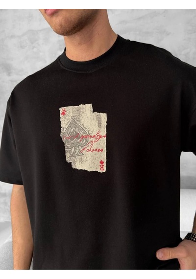 Barlashive Erkek Tişört Kısa Kol Ön Ve Arka Baskılı Oversize Bisiklet Yaka T-shirt - Siyah Çok Renkli