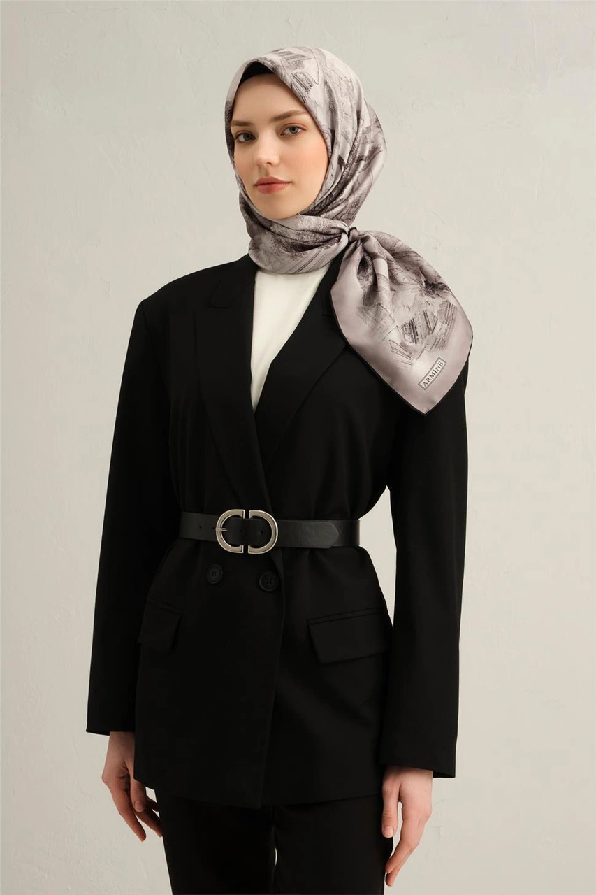 Armine Obje Desenli Saf İpek Twill Eşarp 9326d 81 Gri