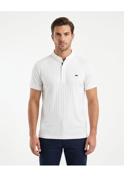 Özeniş Erkek Polo Yaka Slim Fit Çizgili Desen Kaşkorse T-shirt Beyaz