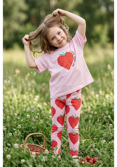 Zuzunga Strawberry Love Baskılı Kız Çocuk Tayt Takım Pembe Çilek Desenli
