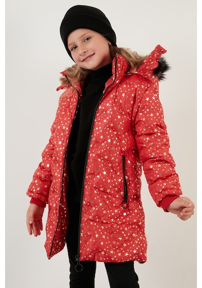 Lela Yakası Suni Kürklü Yıldız Desenli Çıkarılabilir Kapüşonlu Peluş Astarlı Kışlık Kız Çocuk Mont 5760050 Kırmızı