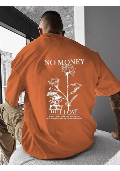 No Money Baskılı Oversize Tişört Turuncu